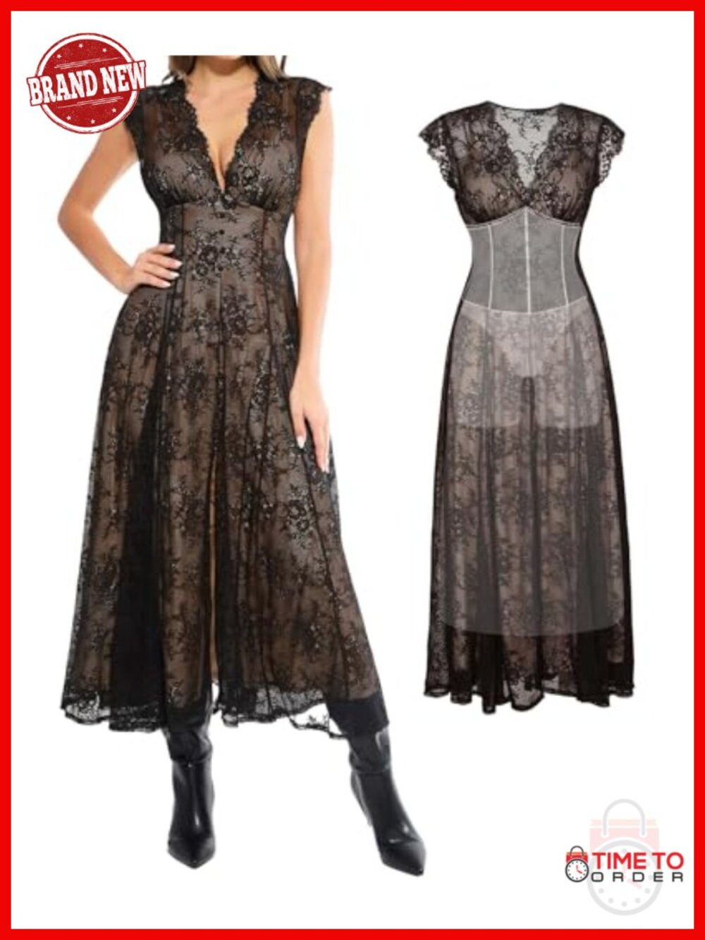 Popilush Lace Formal Maxi Dress V-Neck Flutter Sleeve Wedding Guest